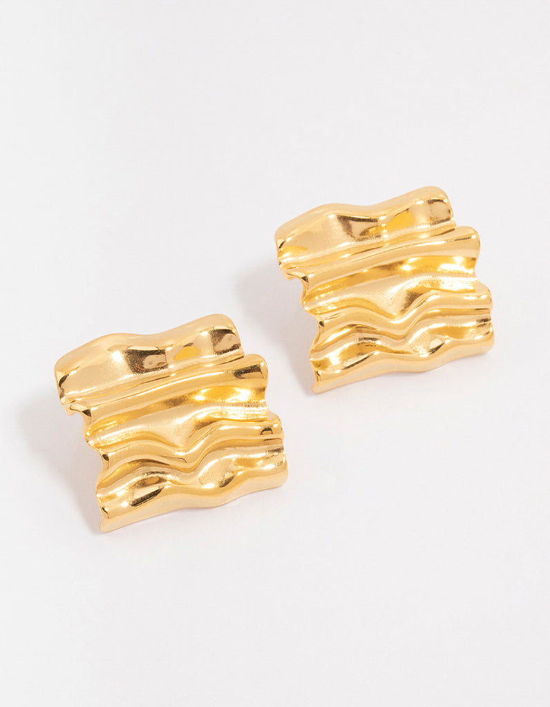 Gold Plated Stainless Steel Square Textured Stud Earrings