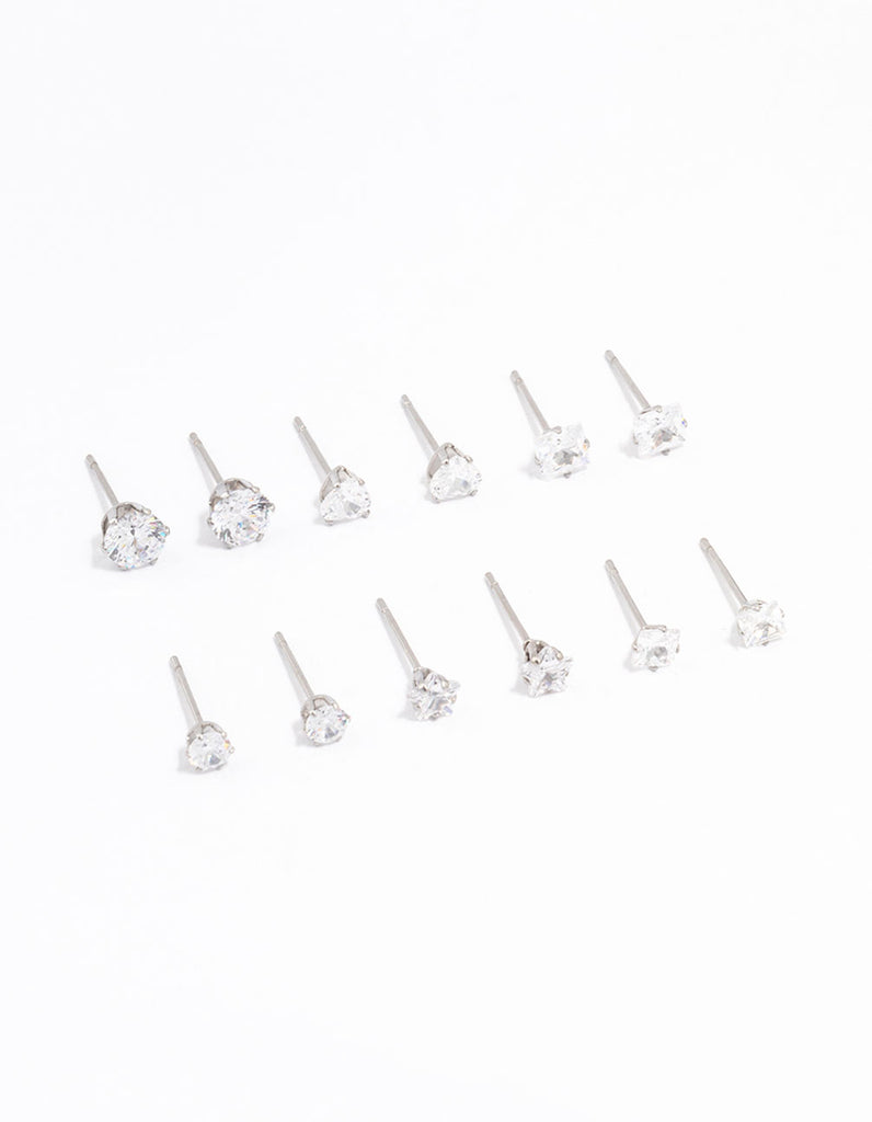 Stainless Steel Cubic Zirconia Stud Earrings 6-Pack