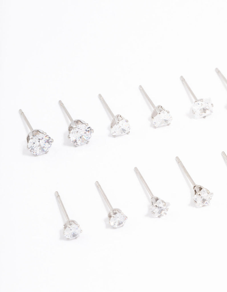 Stainless Steel Cubic Zirconia Stud Earrings 6-Pack