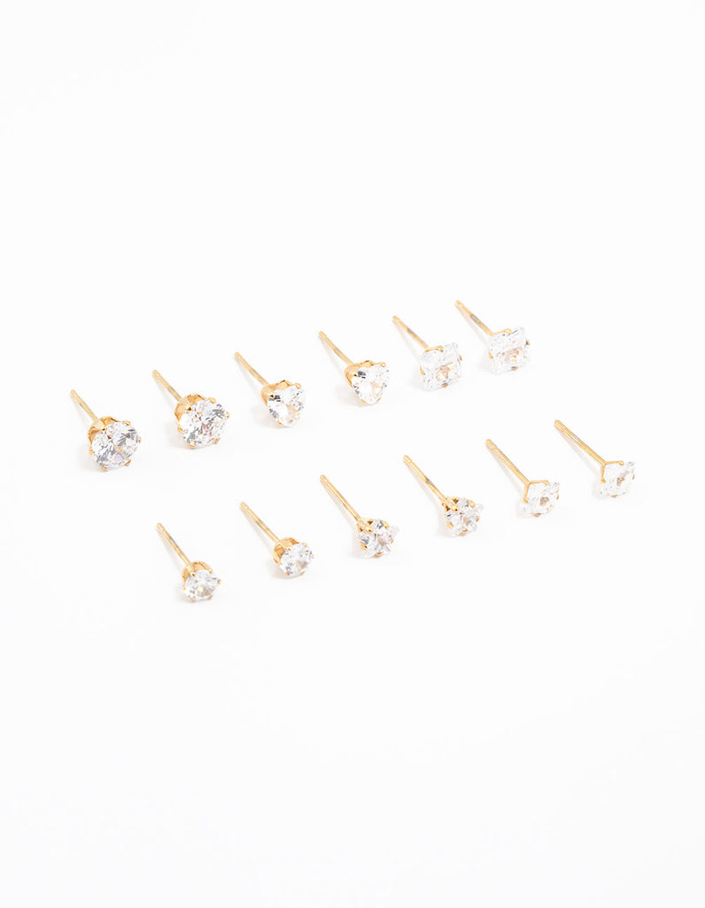 Gold Plated Stainless Steel Cubic Zirconia Stud Earrings 6-Pack