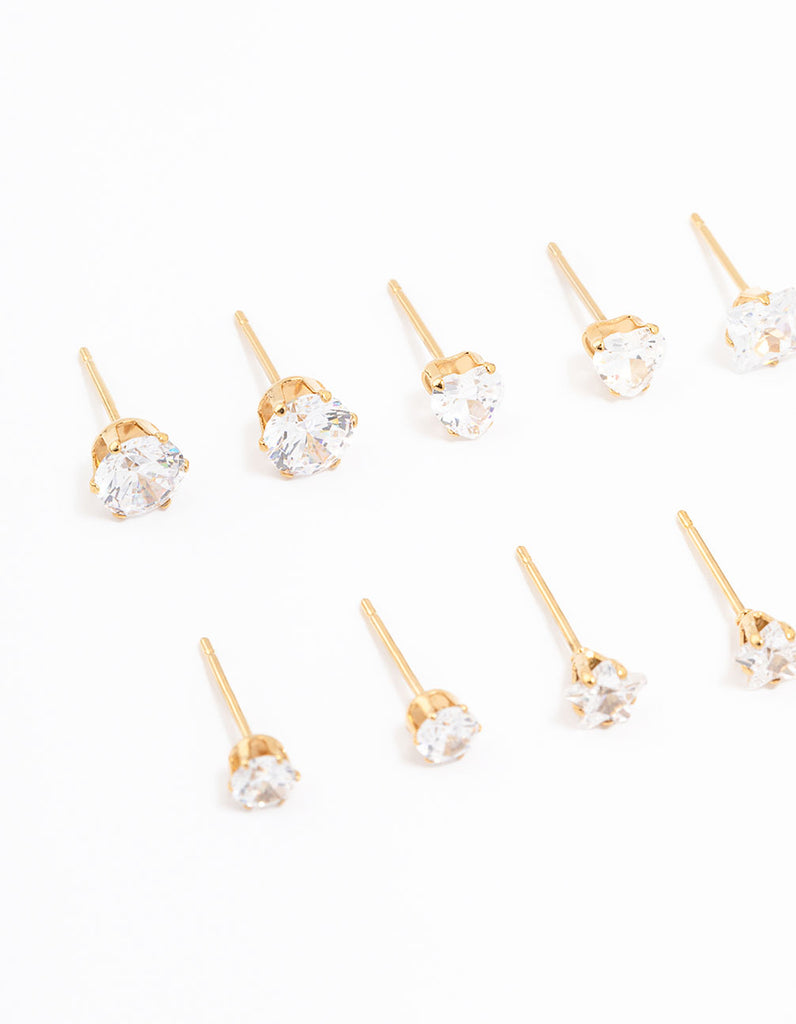 Gold Plated Stainless Steel Cubic Zirconia Stud Earrings 6-Pack