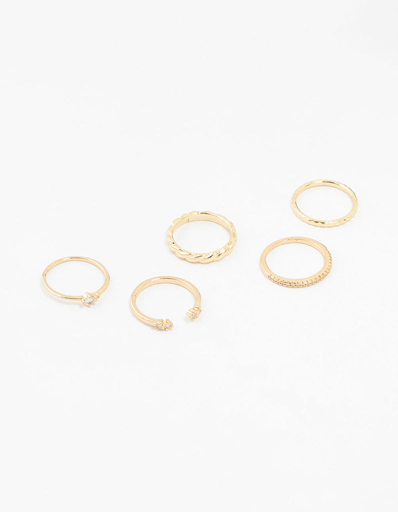 Gold Plated Dainty Diamante Rings 5-Pack