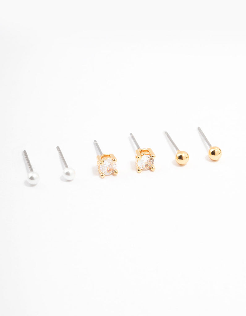 Gold Plated Cubic Zirconia Pearl Ball Stud Earrings 3-Pack