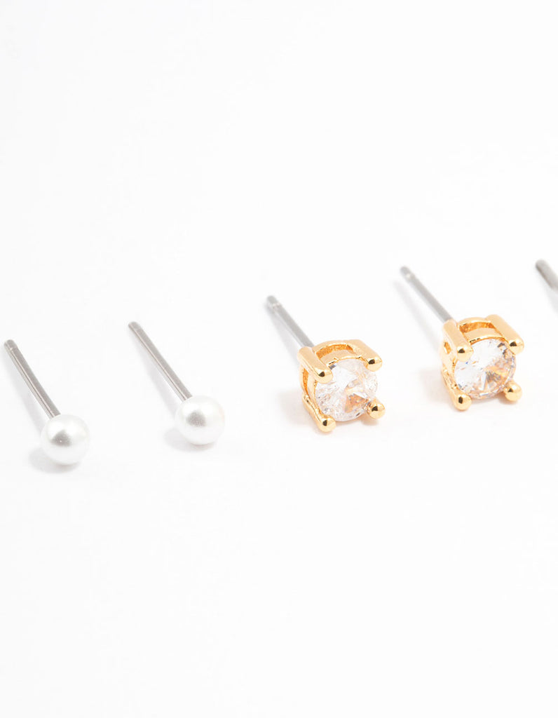 Gold Plated Cubic Zirconia Pearl Ball Stud Earrings 3-Pack