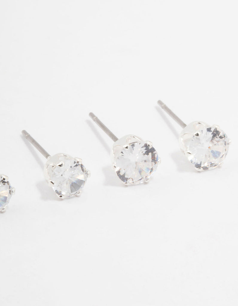 Silver Plated Cubic Zirconia Stud Earrings 3-Pack