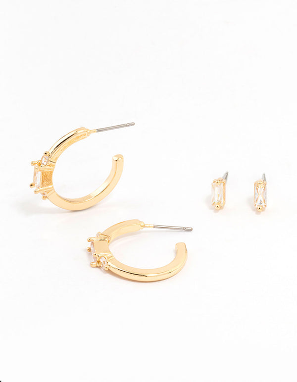 Gold Plated Cubic Zirconia Baguette Stud & Hoop Earrings 2-Pack