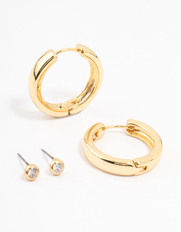 Gold Plated Cubic Zirconia Stud & Large Hoop Earrings 2-Pack