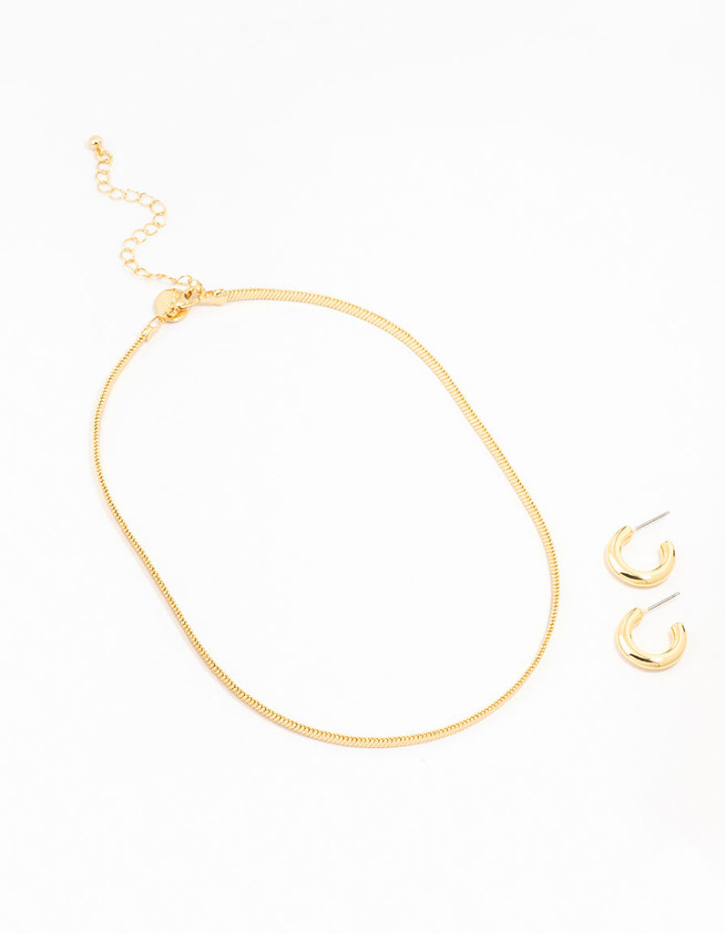 Gold Plated Round Hoop Earring & Herringbone Necklace Set