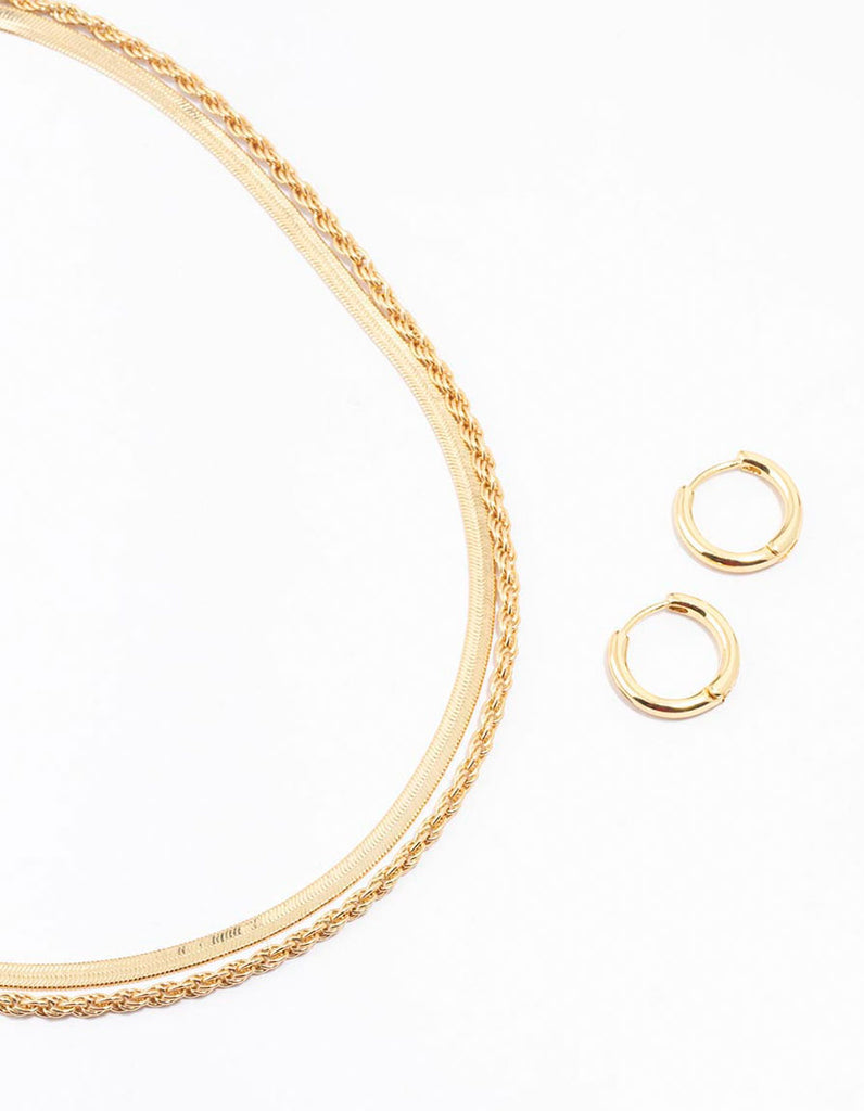 Gold Plated Twist & Snake Chain Necklace & Hoop Set