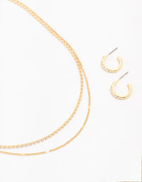 Gold Plated Cubic Zirconia Dainty Hoop & Necklace Set - link has visual effect only