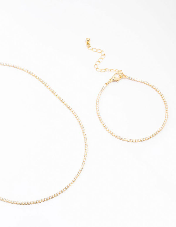 Gold Plated Cubic Zirconia Tennis Bracelet & Necklace Set