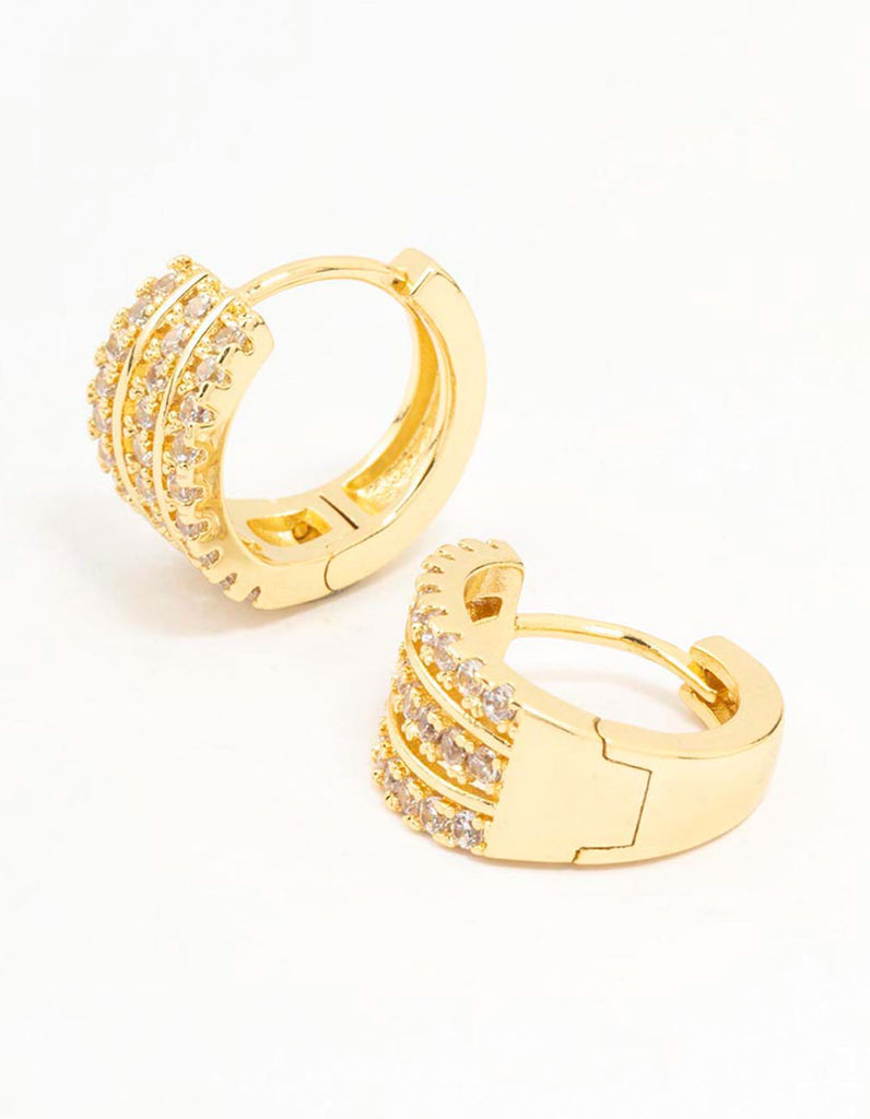 Gold Plated Triple Pave Hoop Earrings