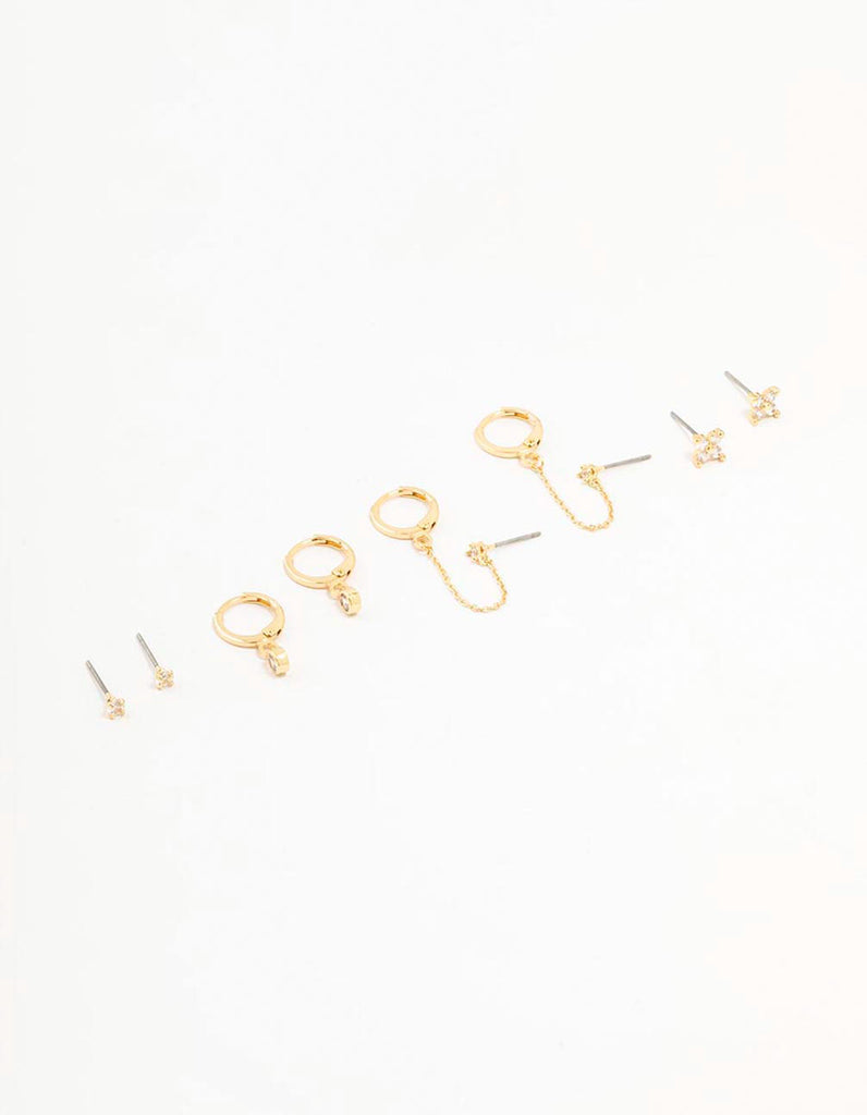 Gold Plated Round Cubic Zirconia & Chain Earrings 5-Pack