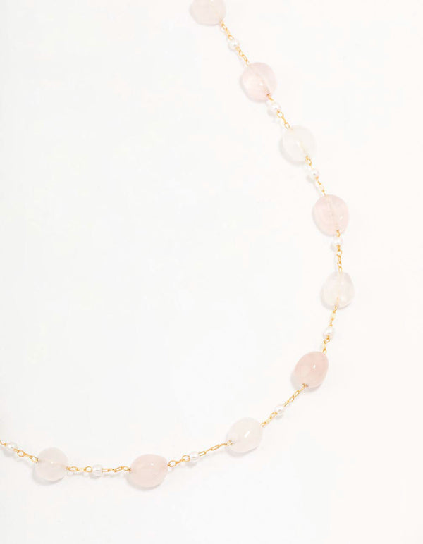 Gold Plated Alternating Semi Precious & Pearl Necklace