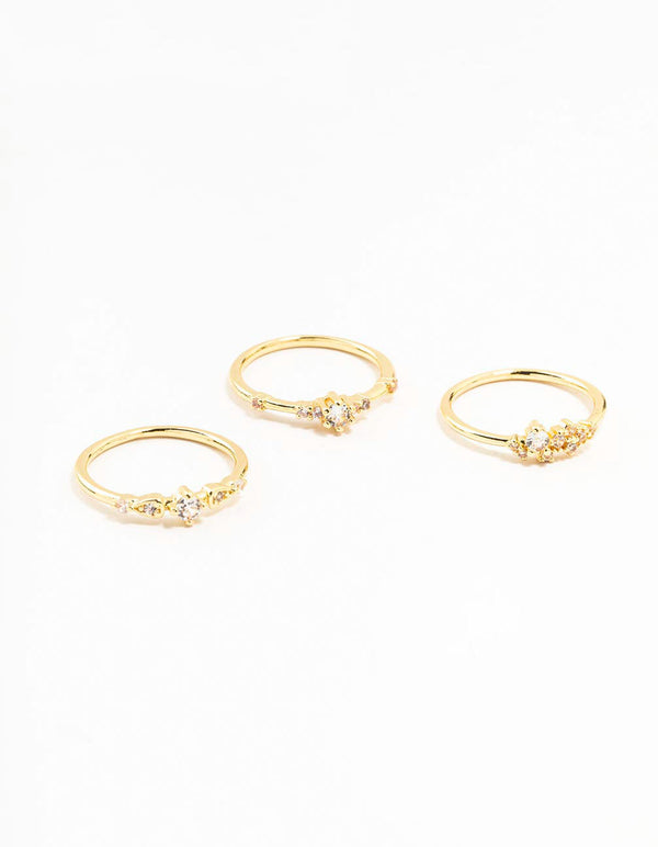 Gold Plated Dainty Cubic Zirconia Cluster Rings 3-Pack