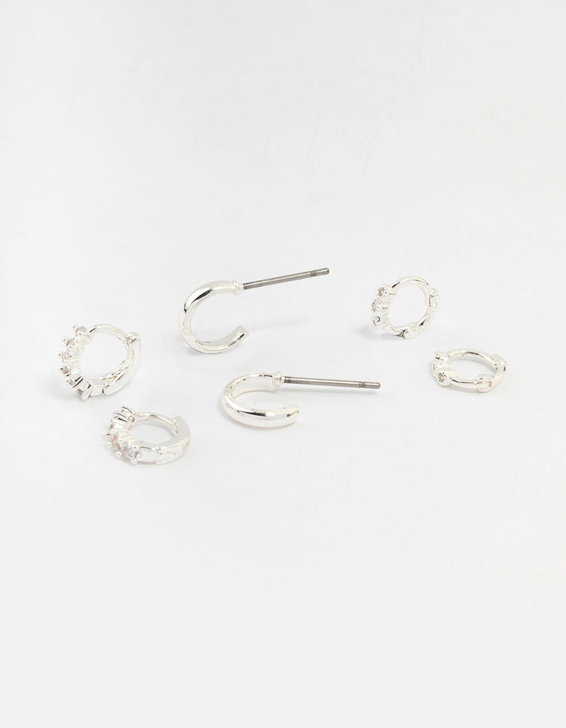 Silver Mixed Diamante Huggie Hoop Earrings 3-Pack