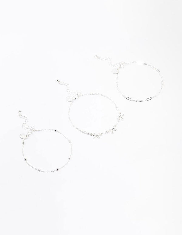 Silver Bow Chain Mixed Anklet 3-Pack