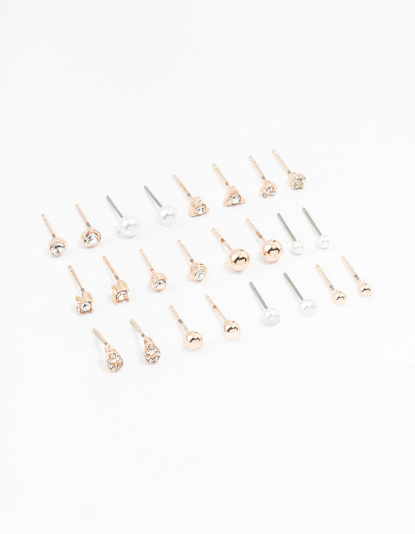 Rose Gold Classic Pearl & Stone Earrings 12-Pack