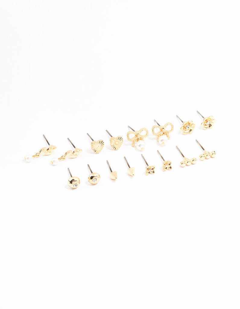 Gold Bow & Pearl Stud Earrings 8-Pack