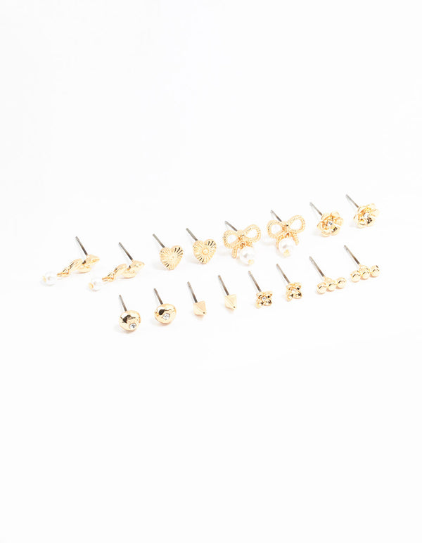 Gold Bow & Pearl Stud Earrings 8-Pack