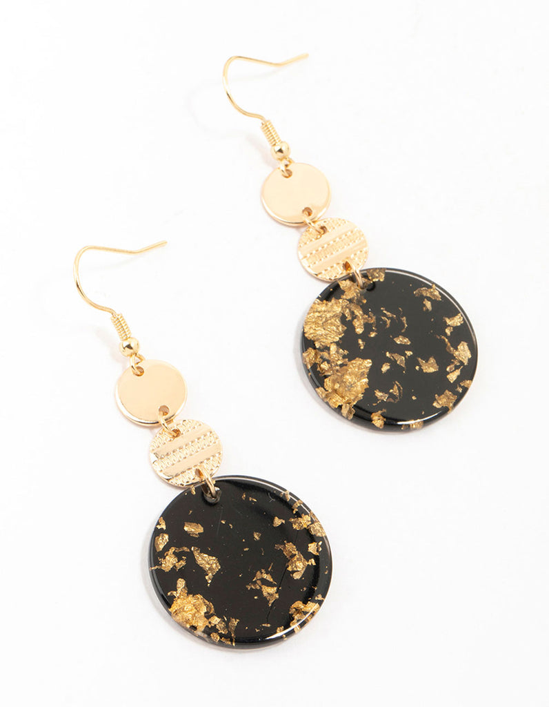 Gold & Black Textured Printed Disc Drop Earrings