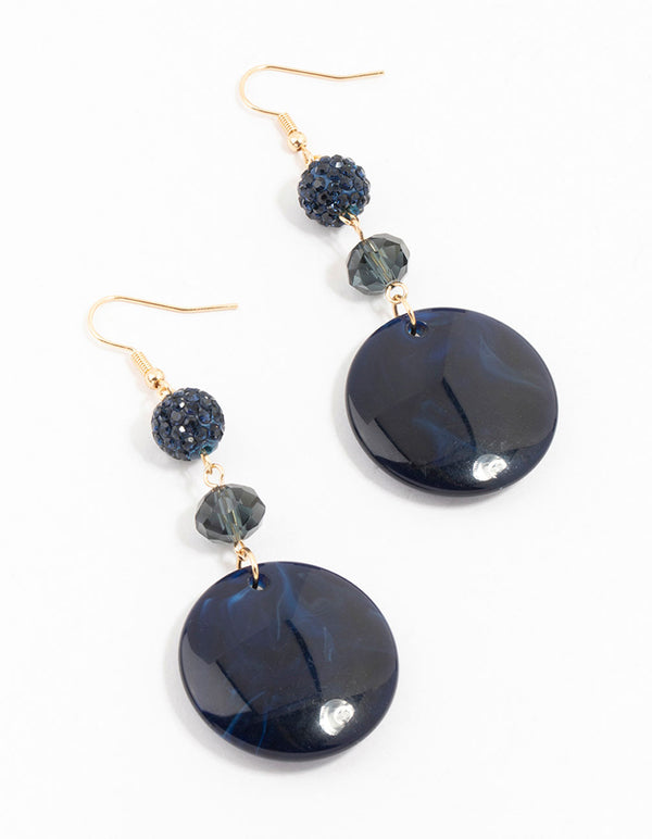 Gold & Black Fireball Marble Disc Drop Earrings