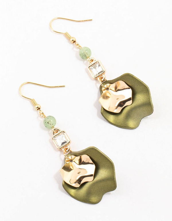 Green & Gold Beaded Double Petal Drop Earrings