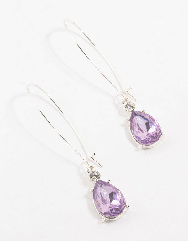 Silver Long Hawker Purple Pear Diamante Drop Earrings