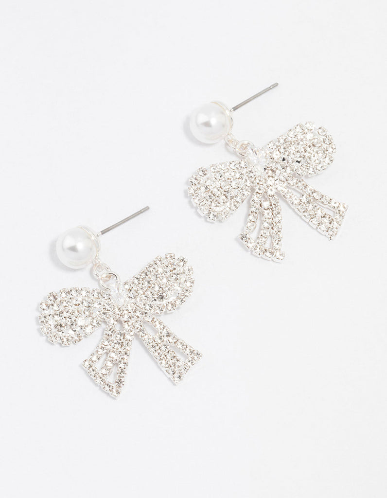 Silver Pearl Diamante Small Bow Drop Earrings