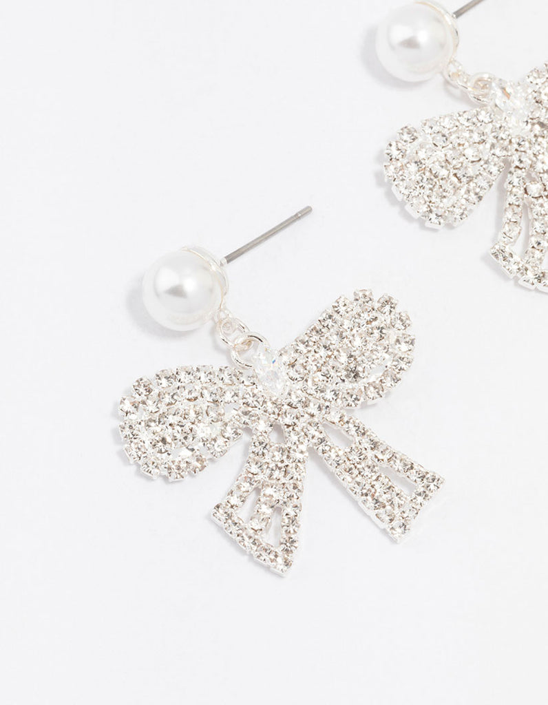 Silver Pearl Diamante Small Bow Drop Earrings