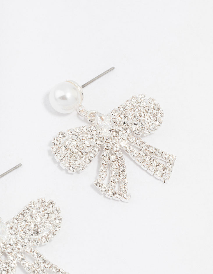 Silver Pearl Diamante Small Bow Drop Earrings