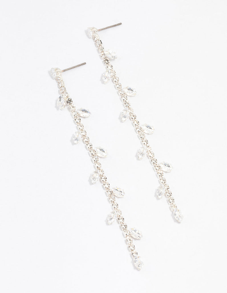 Silver Diamante Leaf Cupchain Drop Earrings