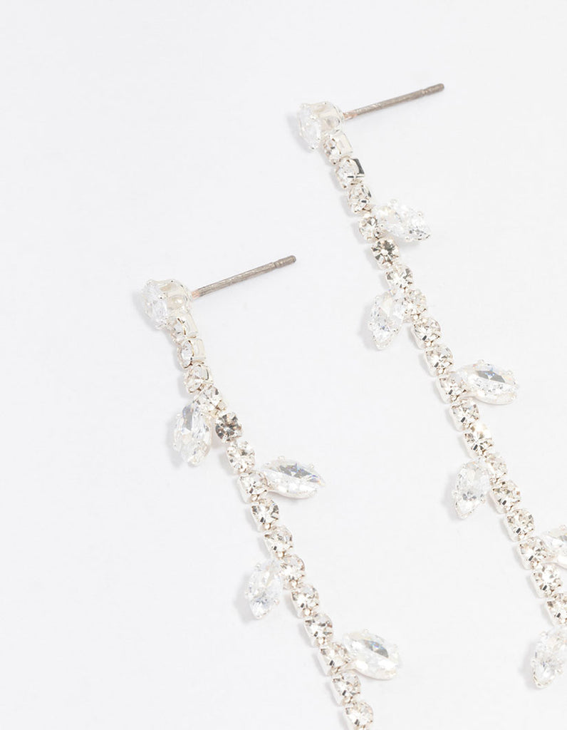 Silver Diamante Leaf Cupchain Drop Earrings