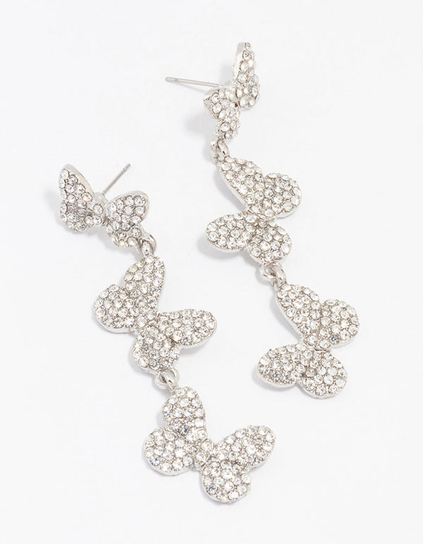 Rhodium Triple Butterfly Diamante Drop Earrings