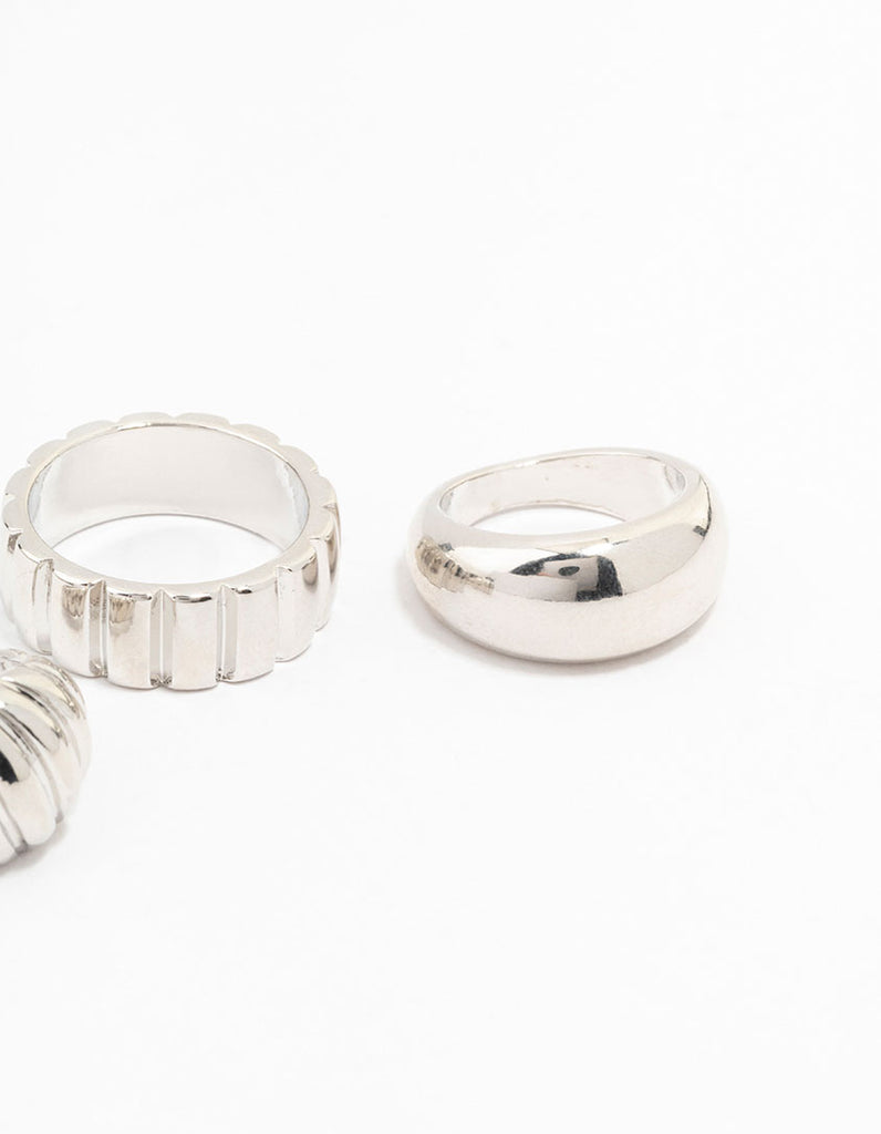 Rhodium Smooth & Ribbed Rings 3-Pack