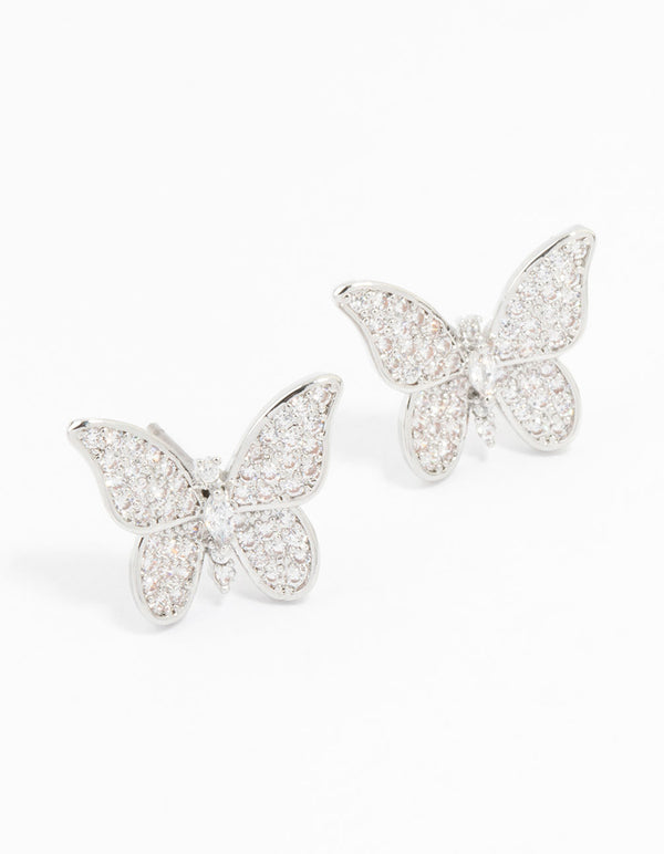 Rhodium Cubic Zirconia Butterfly Stud Earrings