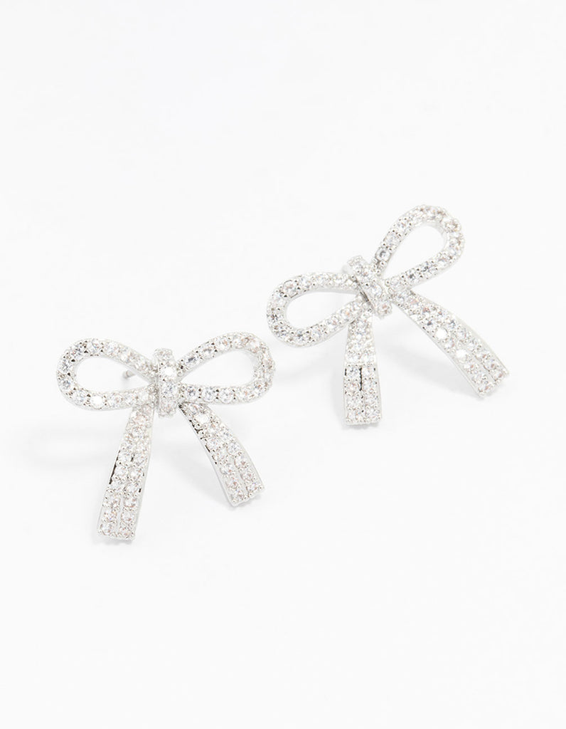 Rhodium Cubic Zirconia Bow Stud Earrings