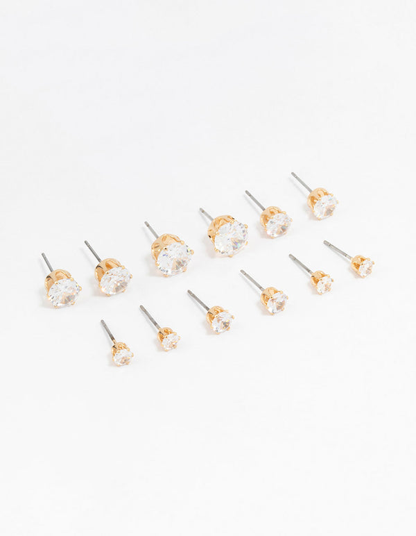 Classic Gold Round Cubic Zirconia Earrings 6-Pack