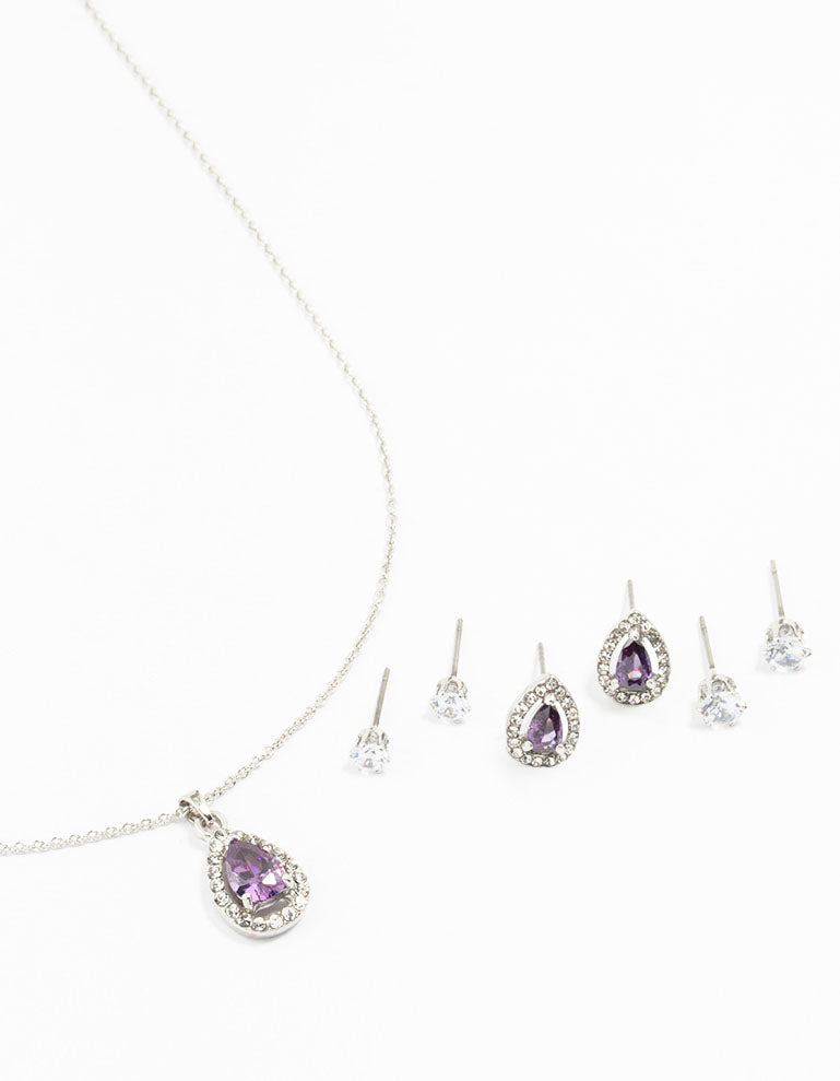 Rhodium Multiple Purple & Silver  Pear Earring & Necklace Set