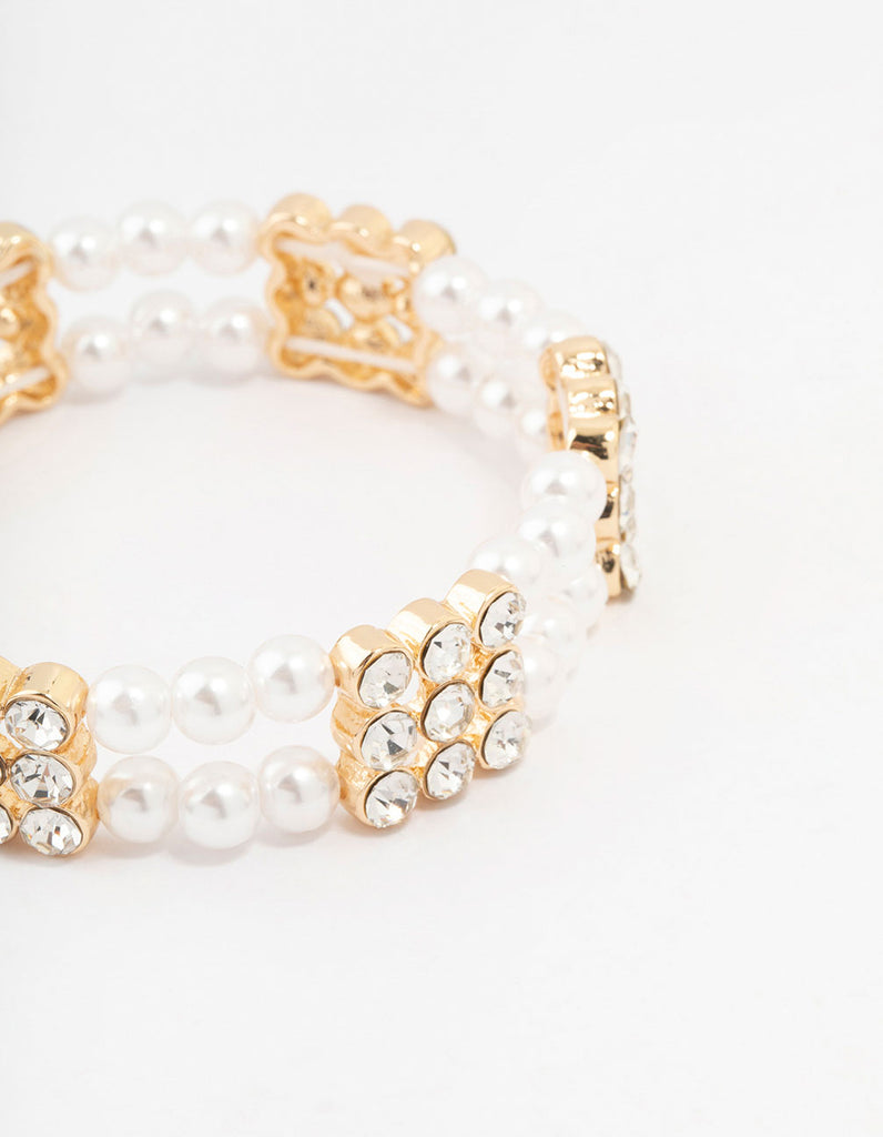 Gold Diamante & Pearl Multiple Layer Bracelet