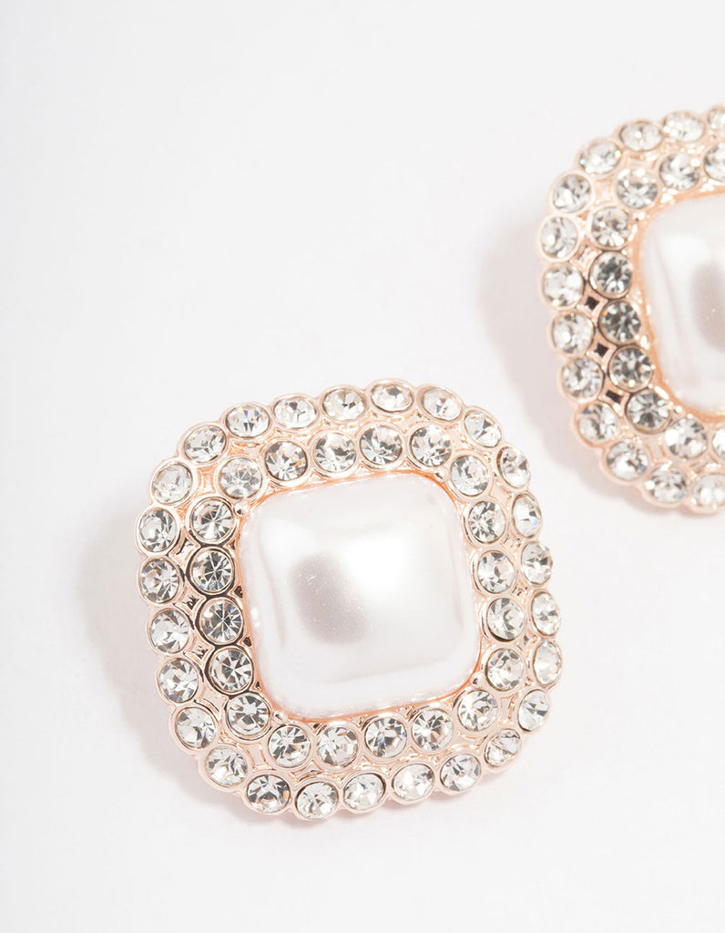 Rose Gold Large Pearl & Diamante Stud Earrings