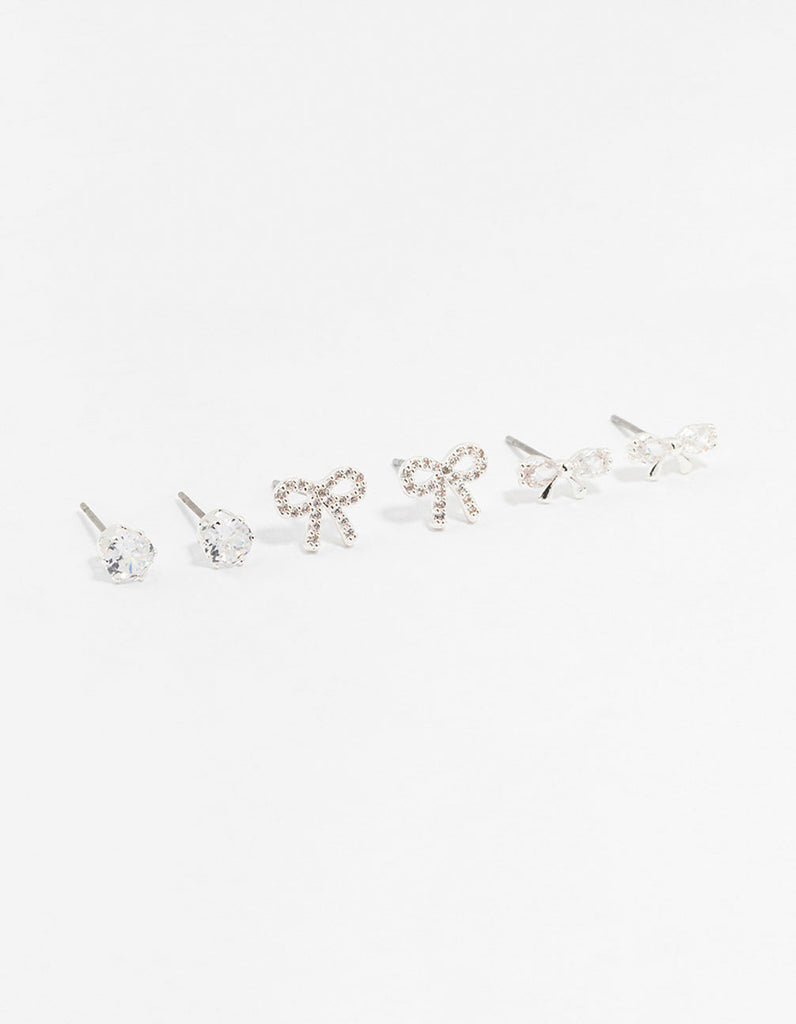 Silver Cubic Zirconia Sweet Bow Stud Earrings 3-Pack