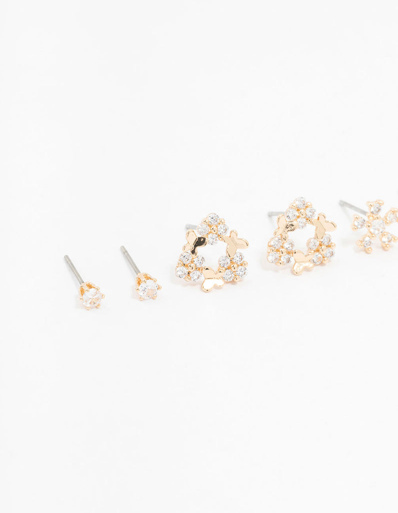 Gold Cubic Zirconia Floral Stud Earrings 3-Pack