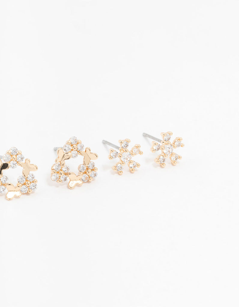 Gold Cubic Zirconia Floral Stud Earrings 3-Pack