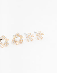 Gold Cubic Zirconia Floral Stud Earrings 3-Pack - link has visual effect only