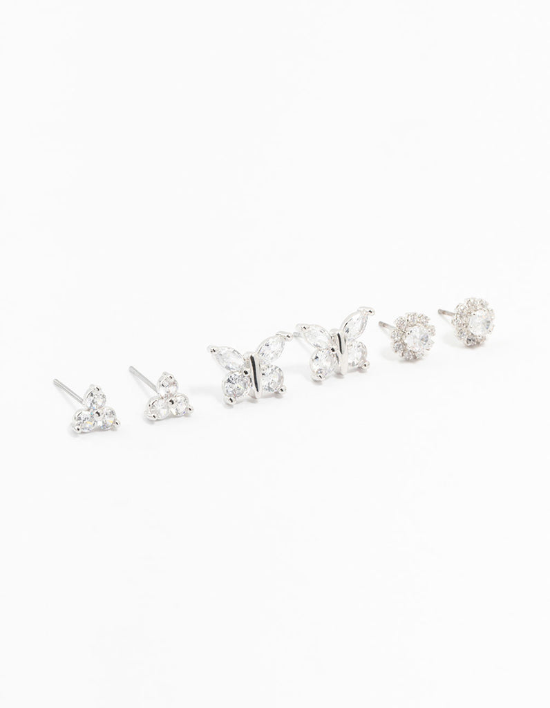 Rhodium Cubic Zirconia Butterfly Stud Earrings 3-Pack