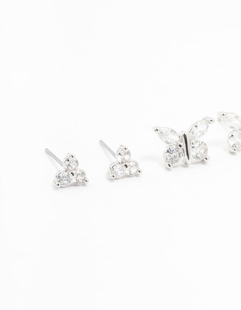 Rhodium Cubic Zirconia Butterfly Stud Earrings 3-Pack