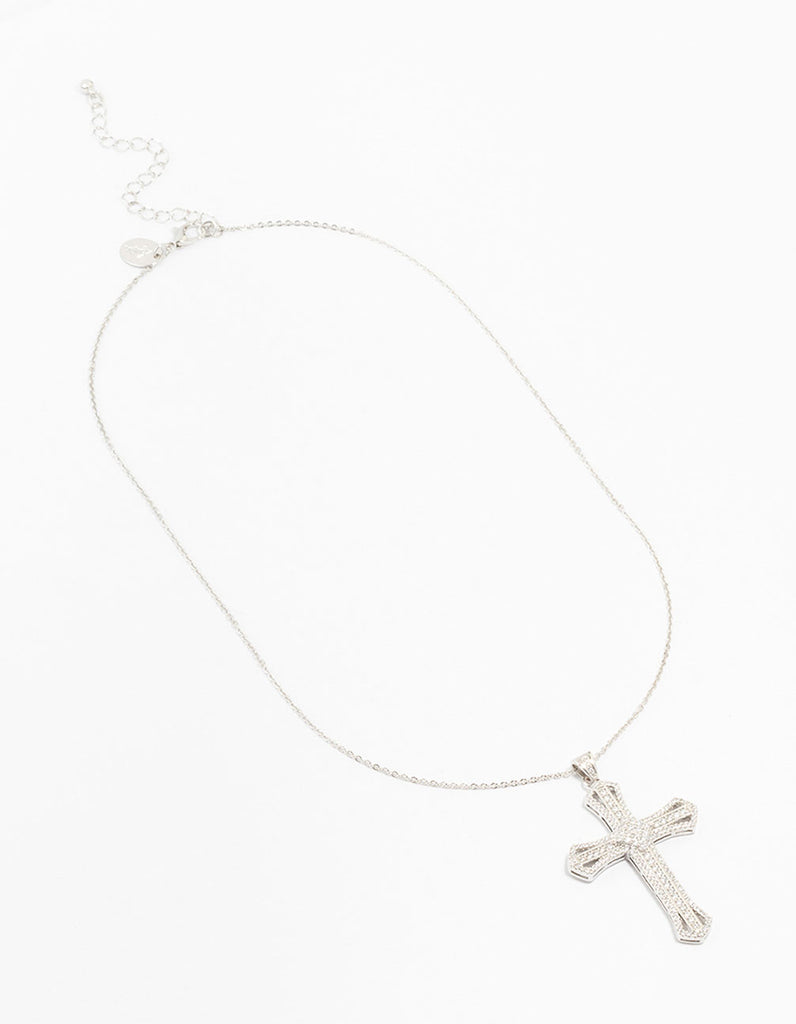 Rhodium Cubic Zirconia Radiant Cross Necklace