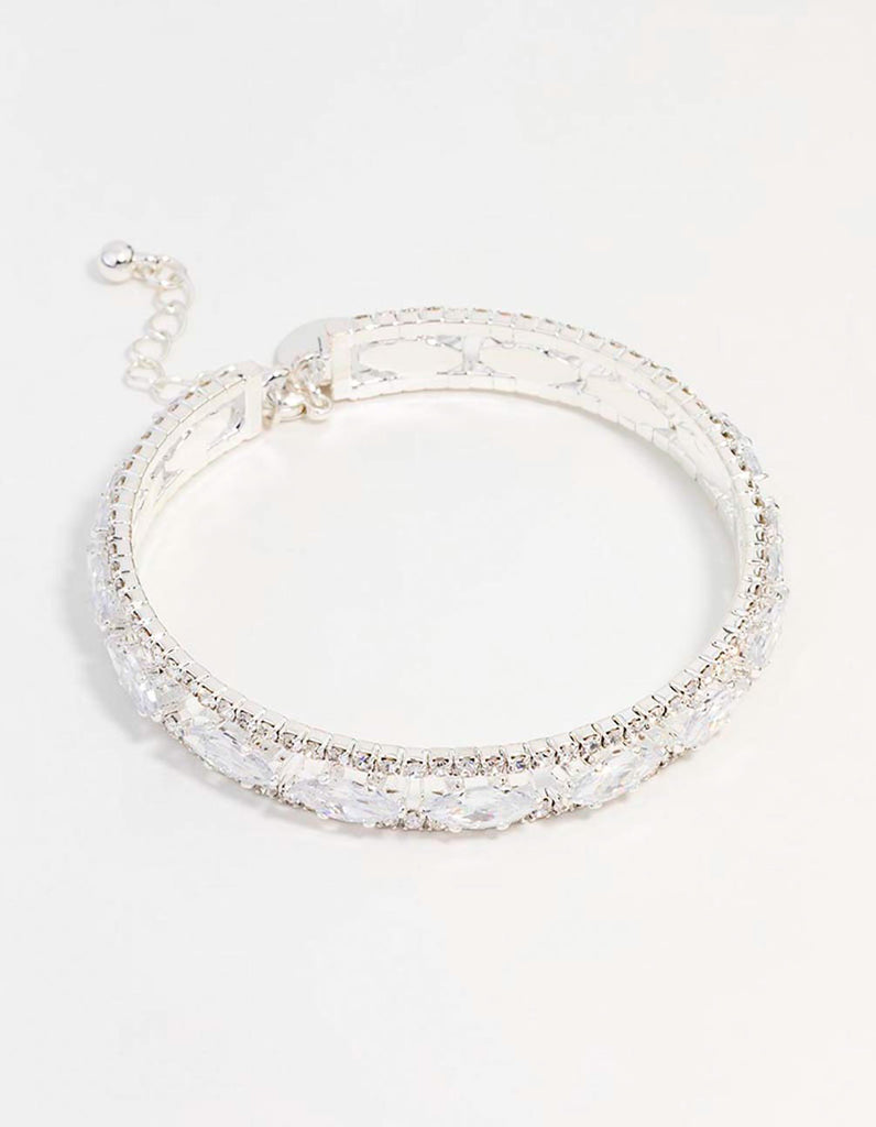 Silver Cubic Zirconia Marquise Statement Bangle Bracelet