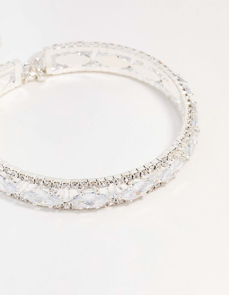 Silver Cubic Zirconia Marquise Statement Bangle Bracelet